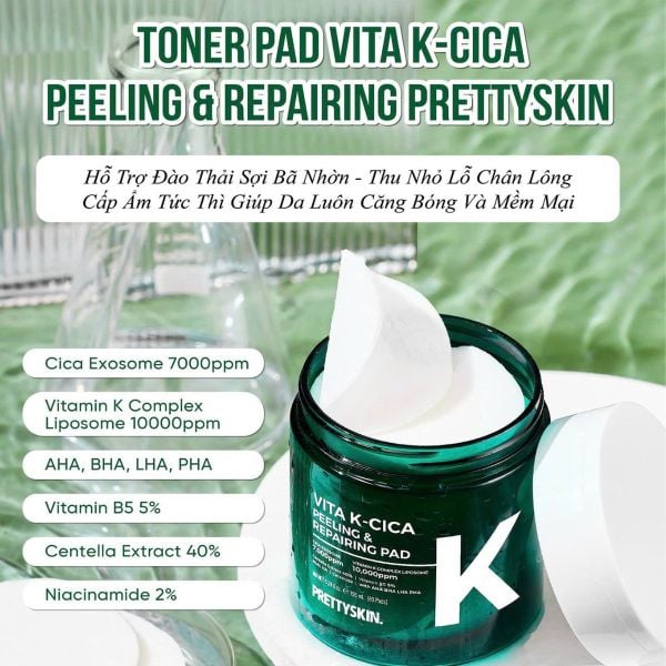 Toner Pad Làm Dịu, Giảm Mụn, Căng Bóng Da PrettySkin Vita K Cica Peeling & Repairing Pad (80 PADS)