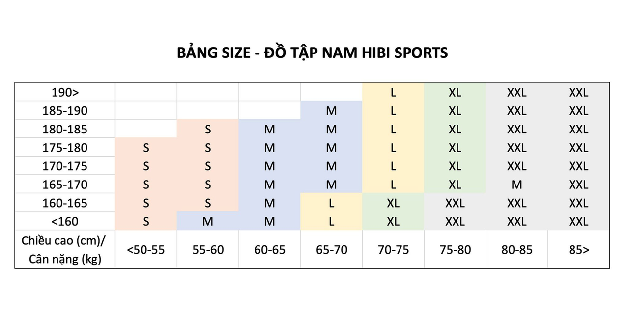 Bảng size đồ tập nam Hibi Sports