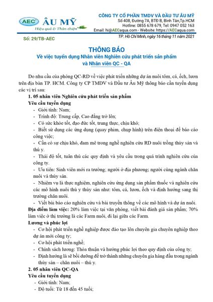 Thông báo Về việc tuyển dụng Nhân viên Nghiên cứu phát triển sản phẩm  và Nhân viên QC - QA