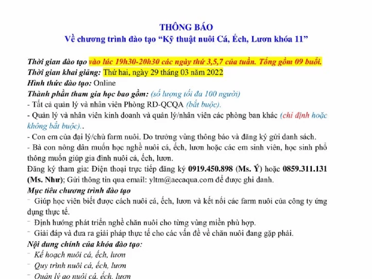 Thông báo về chương trình đào tạo “Kỹ thuật nuôi Cá, Ếch, Lươn khóa 11”