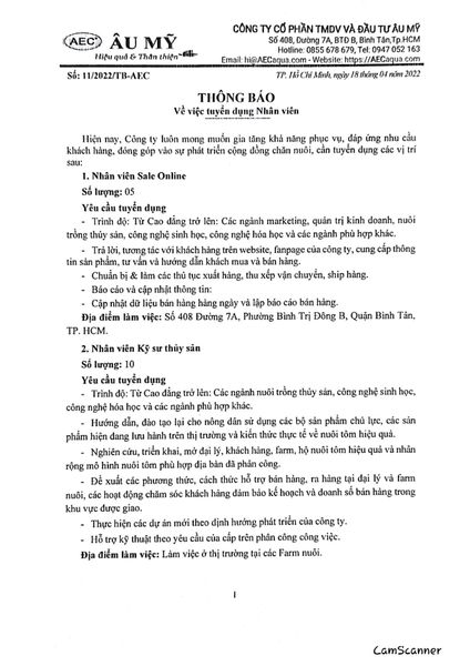 Âu Mỹ AEC - Thông báo tuyển dụng NV Sale Online, Kỹ sư thủy sản, NV sản xuất