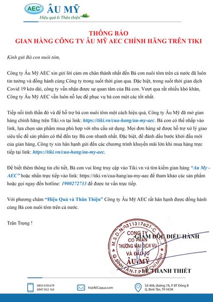 THÔNG BÁO GIAN HÀNG CÔNG TY ÂU MỸ AEC CHÍNH HÃNG TRÊN TIKI