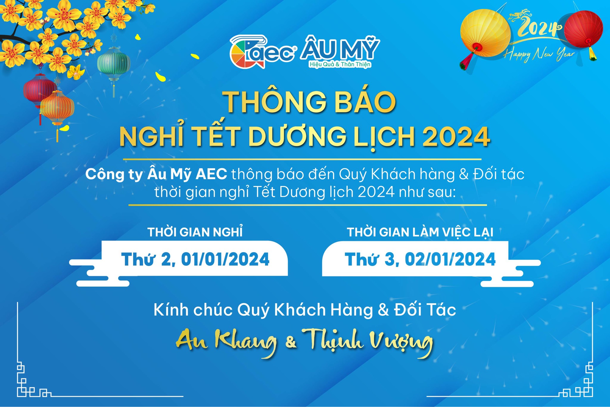 THÔNG BÁO NGHỈ TẾT DƯƠNG LỊCH 2024