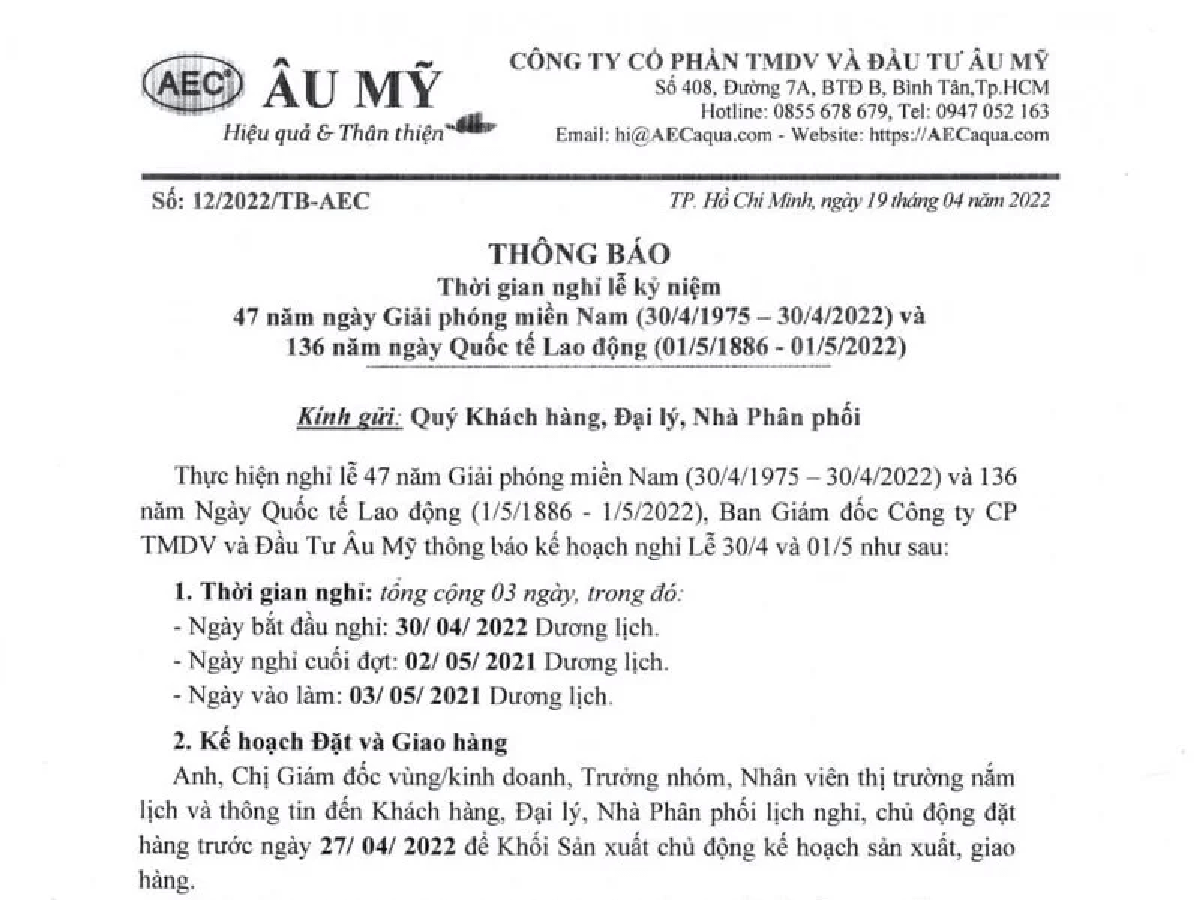 Thông báo thời gian nghỉ lễ kỷ niệm 30/04/2022 - 01/05/2022