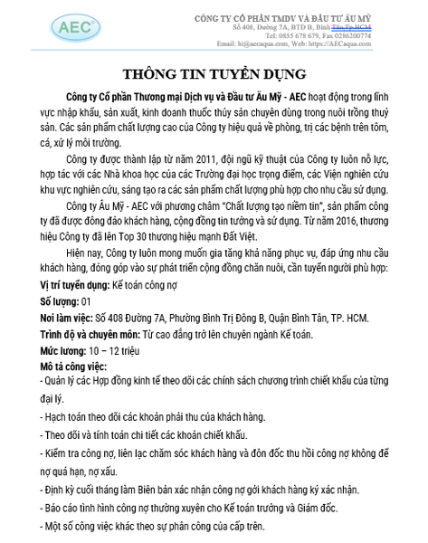 Thông báo tuyển dụng vị trí Nhân viên Kế Toán Công nợ