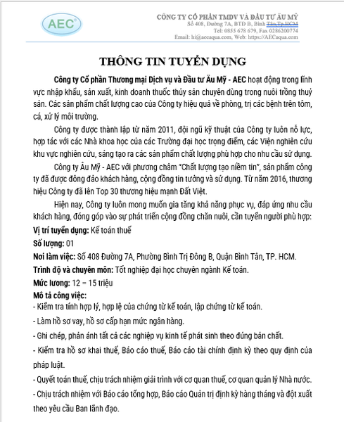 Thông báo tuyển dụng vị trí Nhân viên Kế Toán Thuế