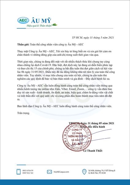 Thư Cảm ơn Nhân viên Công ty Âu Mỹ