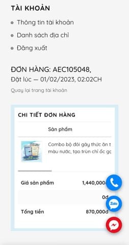 Trang tài khoản và đơn hàng