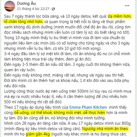 dễ uống, cơ thể khoẻ, không mỏi mệt, dễ thực hiện, không đói như mình tưởng.