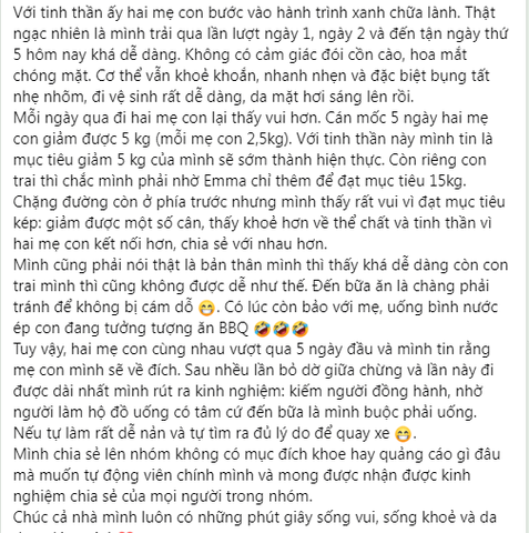 2 mẹ con giảm 5kg, cơ thể khoẻ khoắn, bụng  nhẹ nhõm, đi vệ sinh dễ dàng, da mặt sáng lên