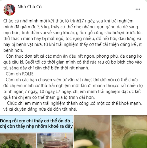 giảm đc 3,5 kg, thấy cơ thể nhẹ nhàng, gọn gàng da dẻ sáng mịn hơn, tinh thần vui vẻ sảng khoái, giấc ngủ cũng sâu hơn,