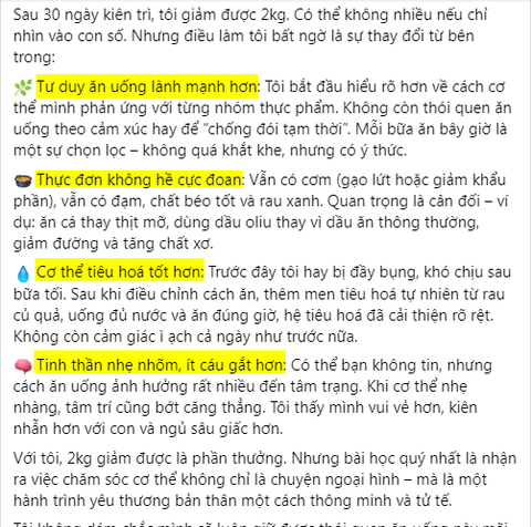 Cơ thể tiêu hoá tốt hơn, Tinh thần nhẹ nhõm, ít cáu gắt hơn, ngủ sâu giấc hơn