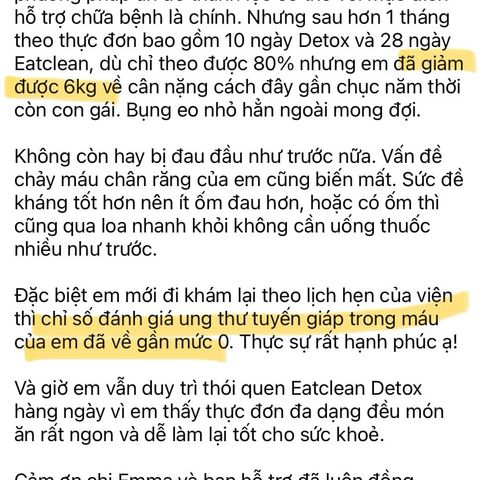 Giảm 6kg, chỉ số ung thư tuyến giáp trong máu về gần bằng 0, sức đề kháng tốt hơn