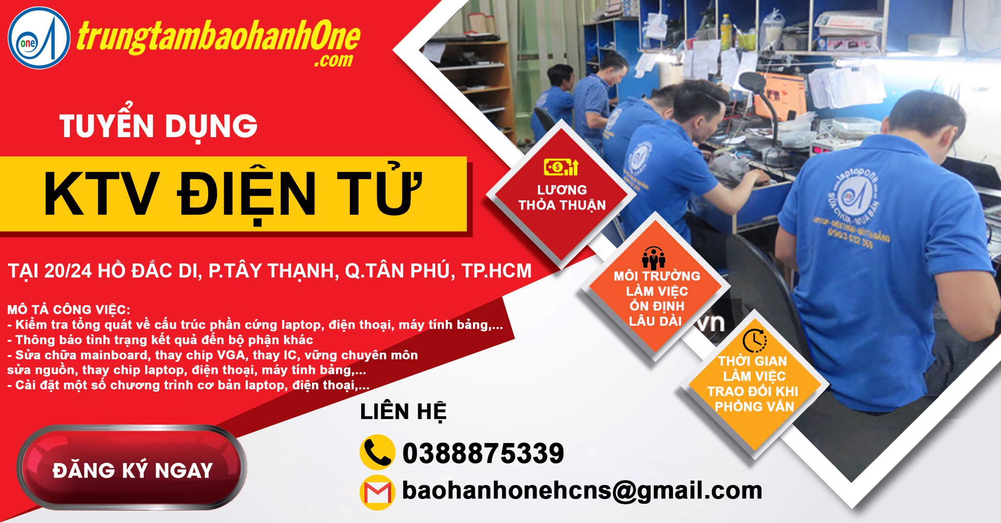 Tuyển Kỹ thuật level 3 sửa điện thoại, Laptop: Lương 15-30 Triệu