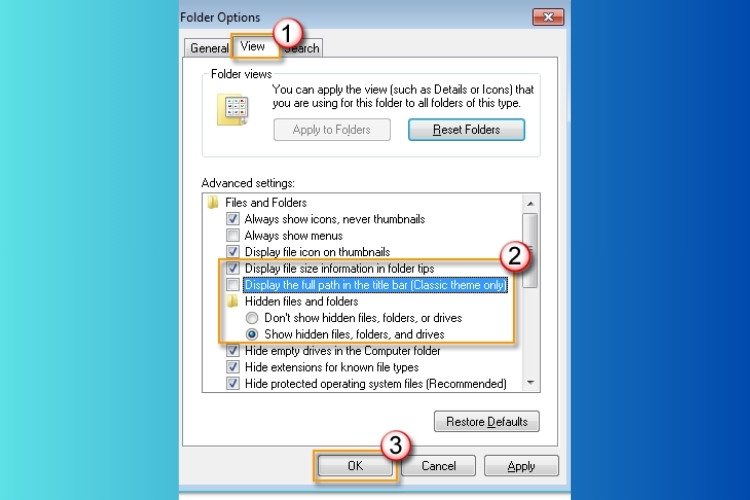 Chuyển sang mục "Xem" tiếp tục thực hiện các thao