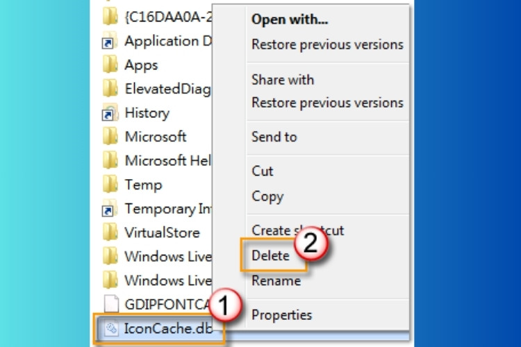 Tìm tệp IconCache.db nhấp chuột phải vào tệp này chọn "Delete"