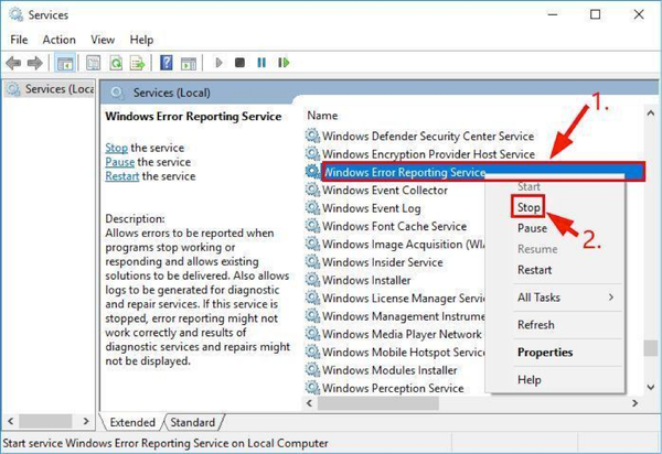 Cuối cùng bạn nhấn chuột phải vào "Windows Error Reporting
