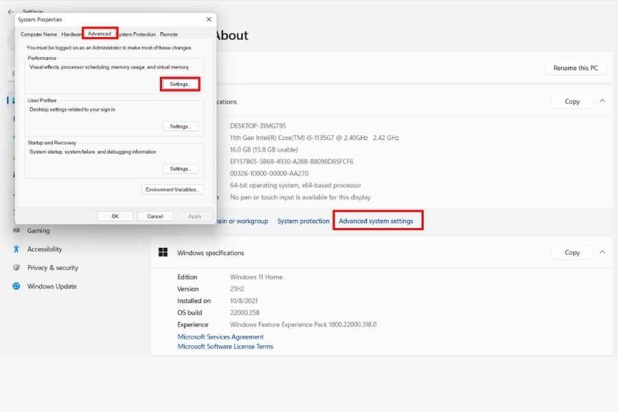 Mở "System Properties" và chọn "Advanced system settings"