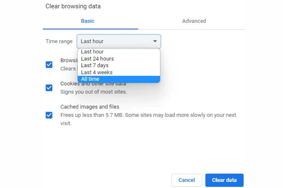 Trong "Clear browsing data" chọn "All time"