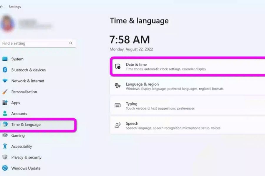 Vào Date/time để điều chỉnh lỗi kết nối riêng tư