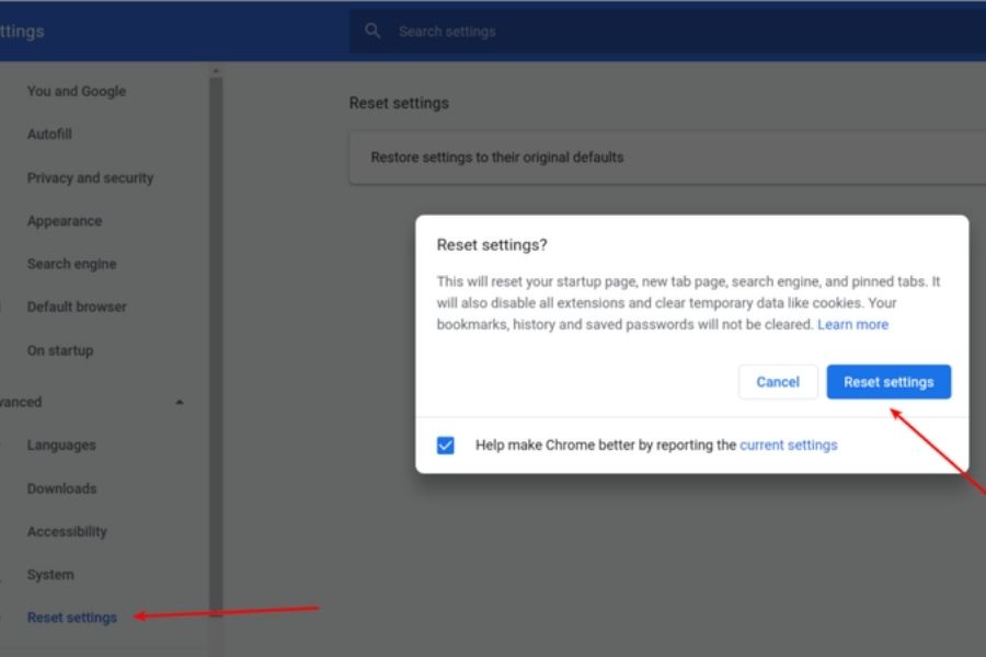 Nhấn reset để đặt lại cài đặt trên máy tính
