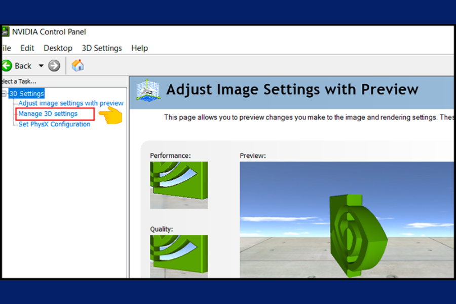 Tiếp theo, bạn cần click vào Manage 3D Settings