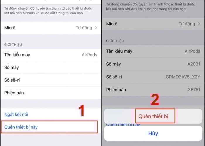Nhấn vào biểu tượng chữ "i" chọn tiếp "Quên thiết