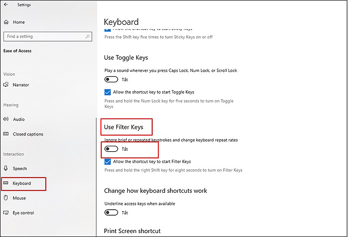 Tắt “Filter Keys”