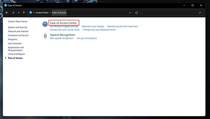 Chọn “Ease of Access Center”