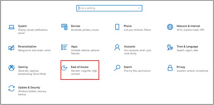 “Start” > “Settings” > “Ease of Access”