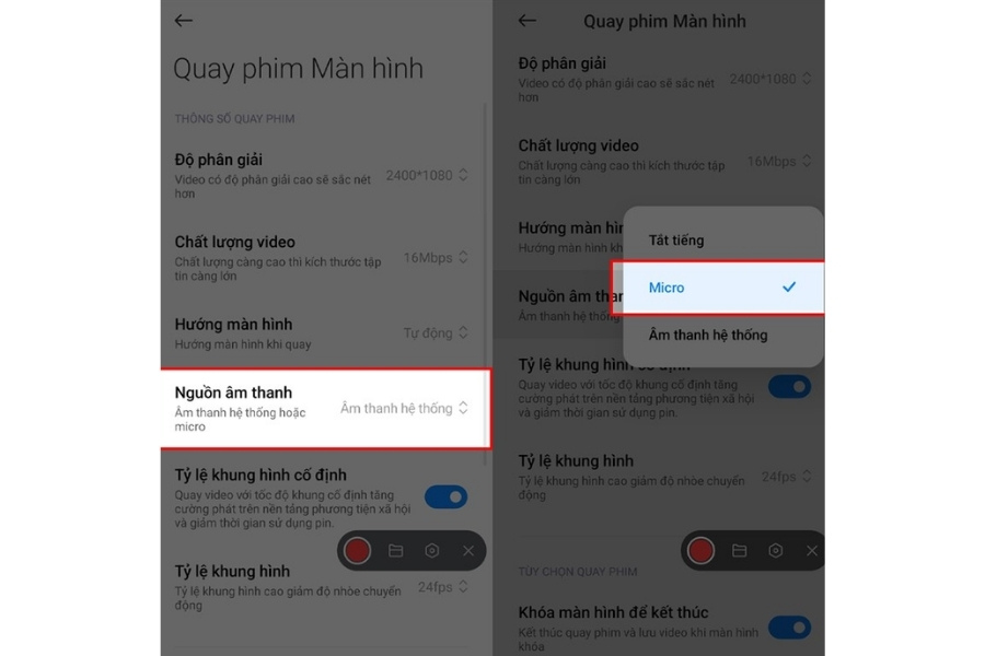 Nhấn chọn mở Micro quay màn hình Xiaomi trong Nguồn âm