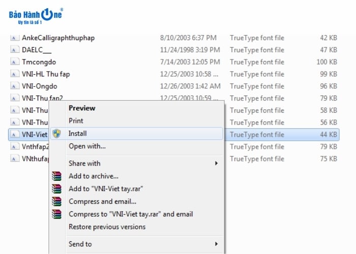 Nhấp chọn "Install" để cài đặt font chữ