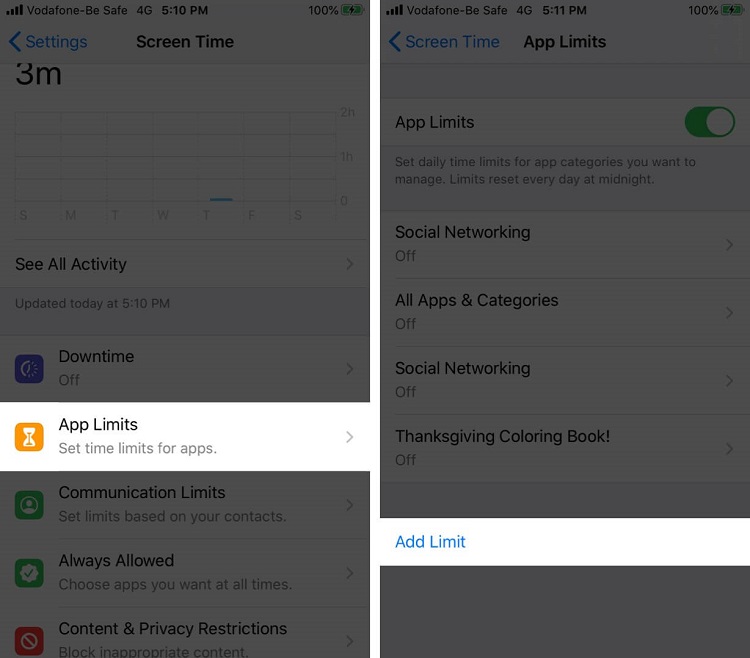 Nhấn vào mục giới hạn