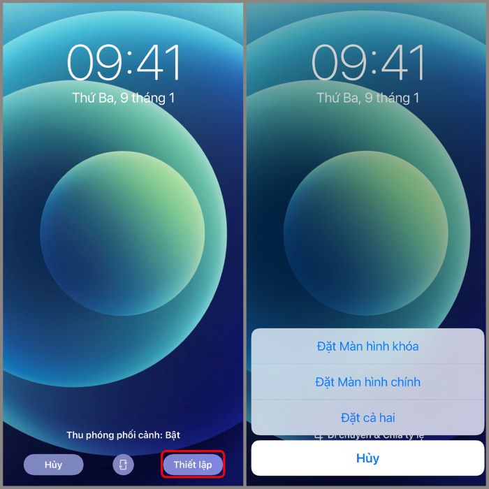 Chọn “Thiết lập” > chọn vị trí áp dụng hình nền mới