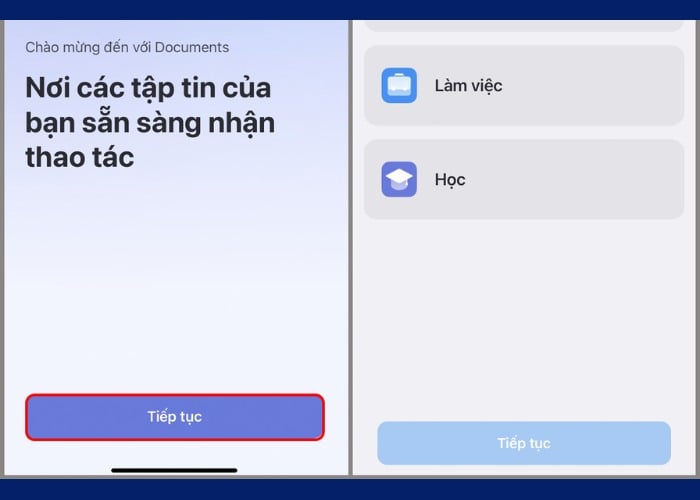 Chọn "Tiếp tục" để lựa chọn mục tiêu sử dụng
