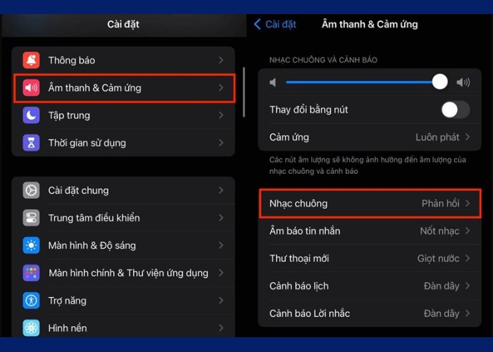 Vào "Cài đặt" chọn "Âm thanh & Cảm ứng" để tìm