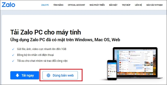 Chọn “Dùng bản web”