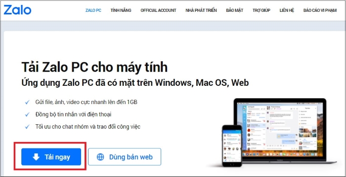 Vào website “https://zalo.me/pc” > chọn “Tải ngay”