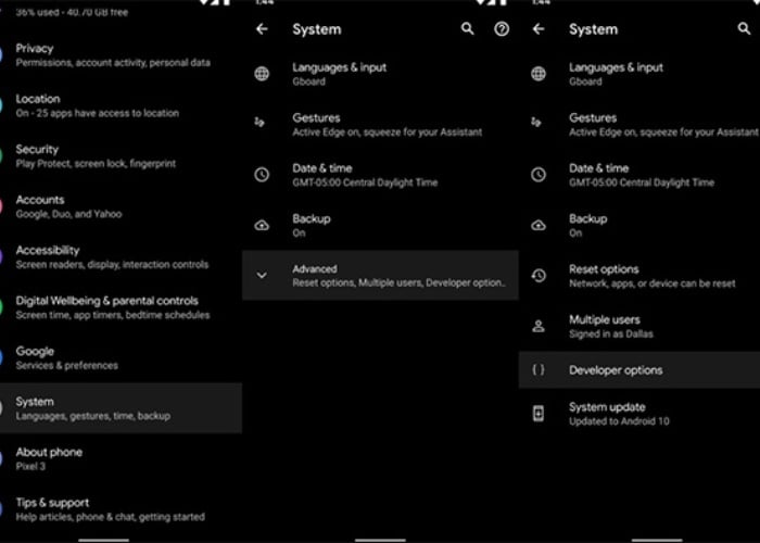 Quay lại "System" sau đó chọn "Developer options"