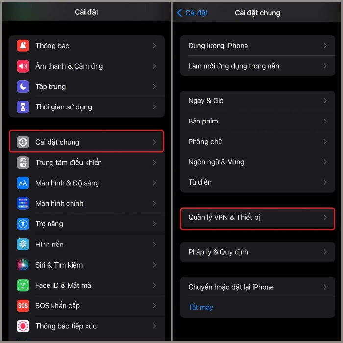 Chọn “Cài đặt chung” > “Quản lý VPN & Thiết bị