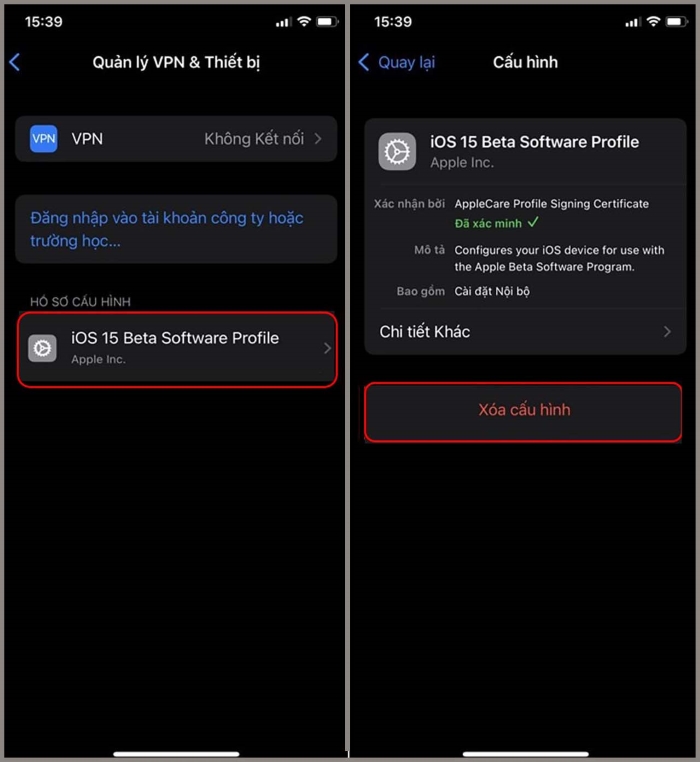 Xóa cấu hình “iOS 15 Beta Software Profile”