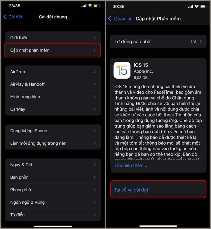 “Cập nhật phần mềm” > “Tải về và cài đặt”