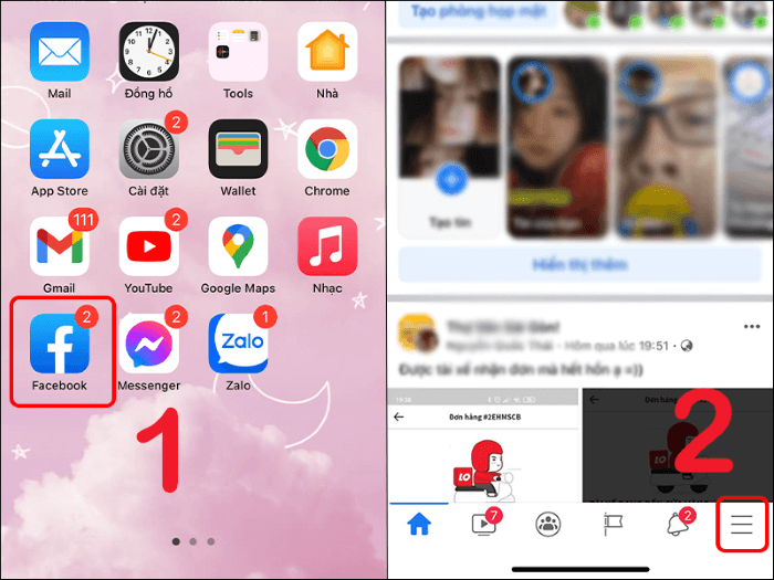 Vào Facebook > chọn biểu tượng ba dấu gạch ngang
