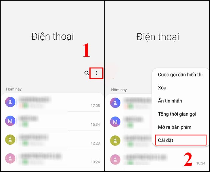 Vào “Điện thoại” > chọn biểu tượng dấu ba chấm > chọn “Cài đặt”