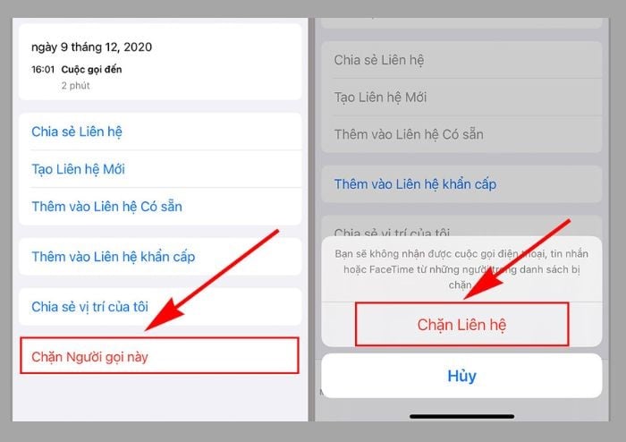 “Chặn người gọi này” > “Chặn liên hệ”