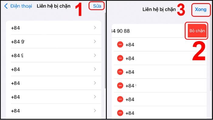 Chọn “Sửa” > “Bỏ chặn” để bỏ chặn số điện thoại