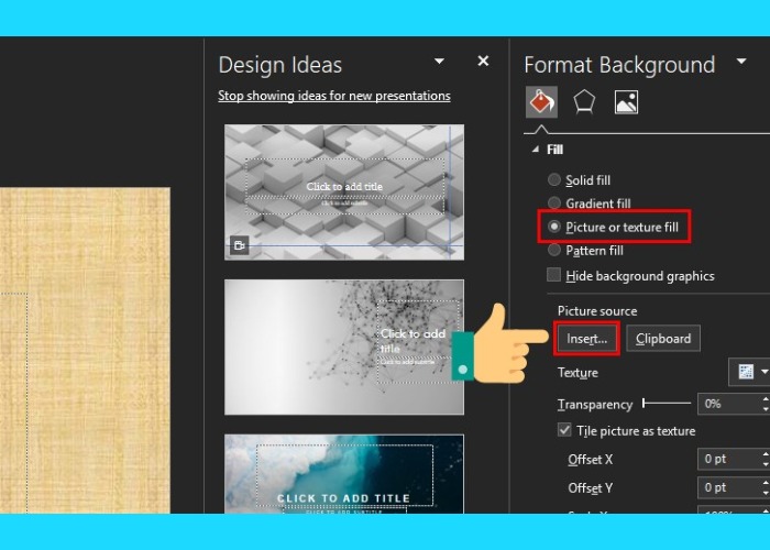 Chọn vào "Picture or texture fill" để mở tùy chọn