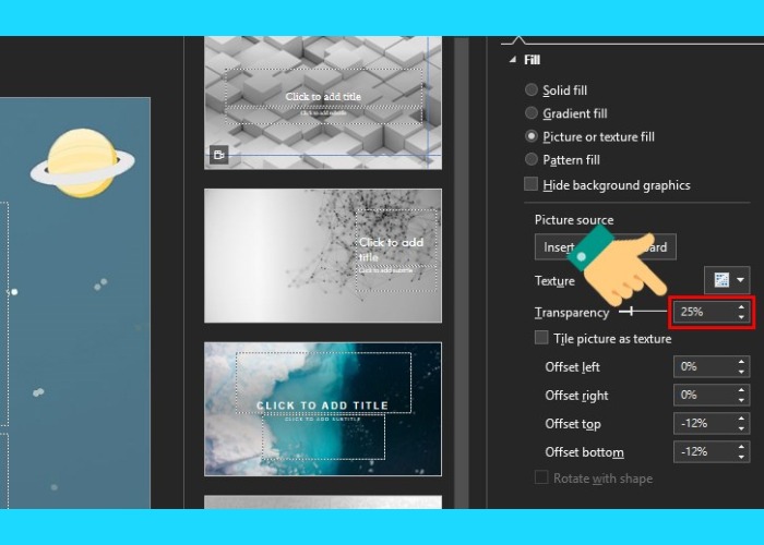 Điều chỉnh độ mờ của hình ảnh trong phần Transparency
