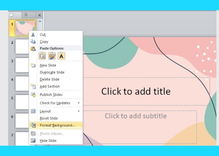 Nhấn slide nhỏ sau đó chọn "Format Background"