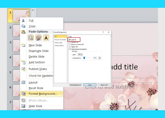 Trong hộp thoại "Format Background" chọn "Solid Fill"